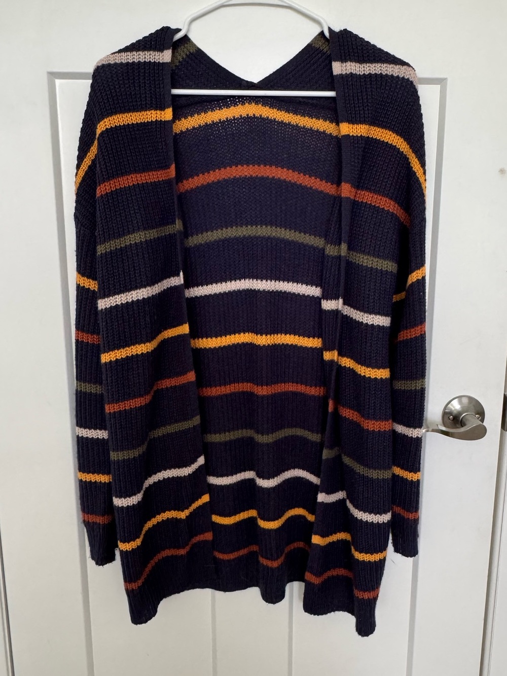 Striped Open-Front Women’s Cardigan Sweater - Navy with Multicolor Stripes